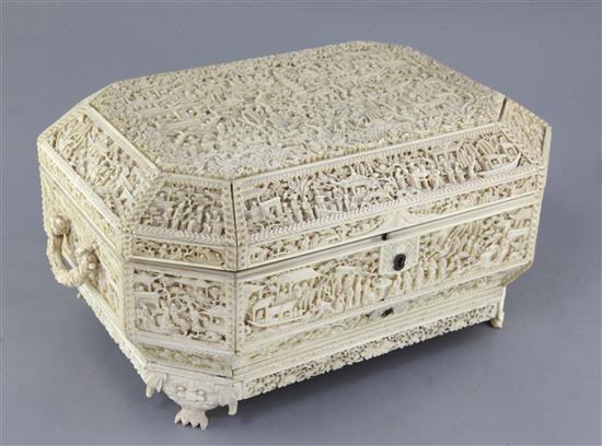 A good and impressive Chinese export ivory sewing casket, 19th century, width 39cm depth 27cm height 18.5cm